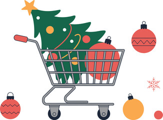 A christmas tree and ornaments in a shopping cart on a white background