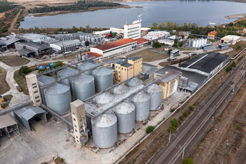 Aerial view to a metal silos and wine factory near to Karnobat, Bulgaria. Karnobat wine industry