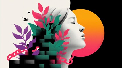 A woman, trapped in chains, reaches toward a hand seemingly emerging from shattered glass, symbolizing the struggle to break free from oppression and violence. The powerful image conveys hope, strengt