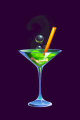 Halloween holiday cocktail drink or scary potion cup with bones, cartoon vector. Halloween horror night trick or treat party monster cocktail glass or spooky drink with skeleton bones in green acid