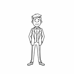 Obraz premium Man in suit illustration features hand drawn character with bow tie and formal wear. Man in suit showcases elegance and style, perfect for fashion-related projects.