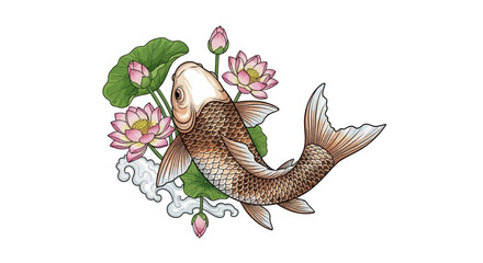 Obraz premium Watercolor illustration of a koi fish with lotus flowers and leaves on a white background