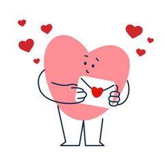 Cute geometric heart character holds letter. Valentine day. Suitable for educational, memory game cards, poster for preschool, etc