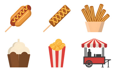 A set of six colorful flat icons depicting classic fair and street food.