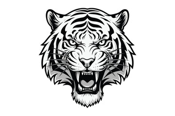 Illustration of a fierce tiger head, showcasing its intense eyes, sharp teeth, and powerful roar, embodying the strength of the jungle