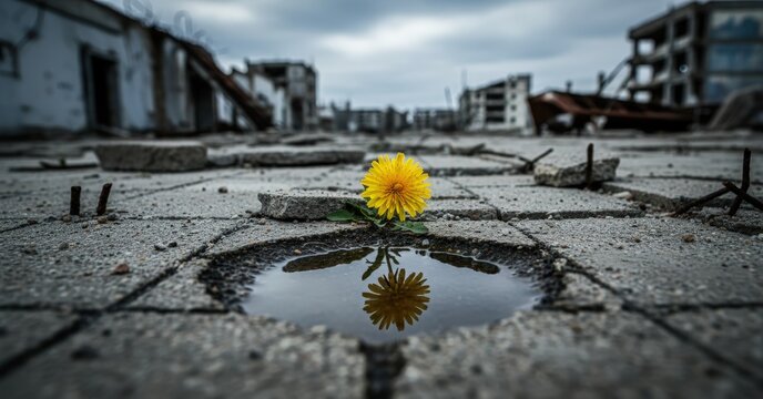 Vibrant yellow dandelion growing through cracked concrete in a desolate urban ruin, symbolizing hope and resilience.
