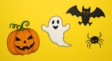 Fototapeta premium Cartoon halloween elements on yellow background: pumpkin, ghost, bat and spider