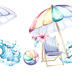 Seamless pattern summer beach background wallpaper featuring colorful umbrellas, waves, beach chairs, and festive elements for vacation vibes