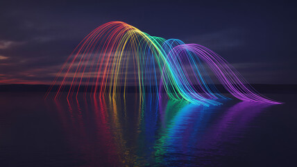 Vibrant rainbow light painting arching over dark water reflecting colorful illumination at night