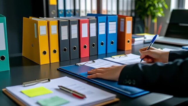 Office Paperwork Management with Organized Binders and Laptop for Productivity Workflow