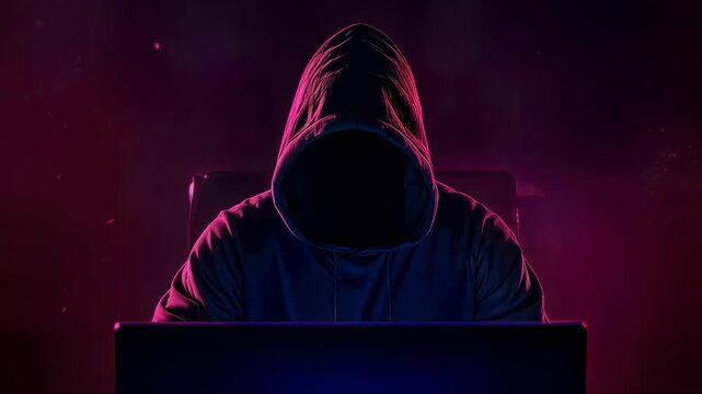 Shadowy figure in a hoodie working on a laptop with a mysterious glow in a dark environment