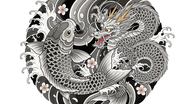 Monochromatic Japanese tattoo design showcasing a Koi fish and a dragon amidst swirling waves