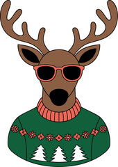 Cartoon reindeer wearing sunglasses and a christmas sweater illustration
