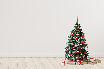 Elegant Indoor Christmas Tree with Red, White, and Gold Decorations
A festive indoor Christmas tree adorned with classic red, white, and gold ornaments, including baubles, candy canes, and a vibrant

