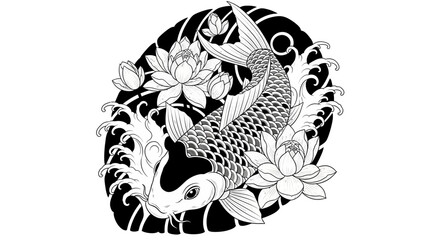 Elegant koi fish illustration surrounded by lotus flowers and stylized waves, black and white