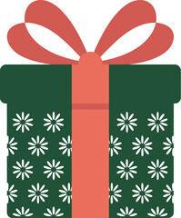 A green gift box with white flower pattern and a red bow on a white background