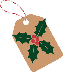 A christmas gift tag with holly leaves and berries and a red and white string