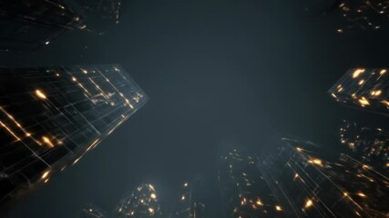 Looking up through dark, geometric skyscrapers with glowing windows, creating a futuristic city scene
