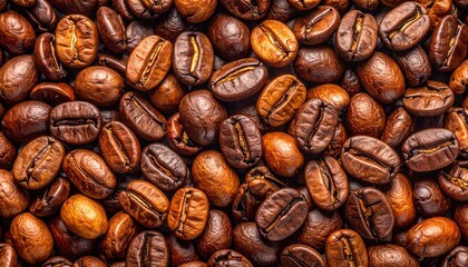 Fototapeta premium Full-frame background texture of freshly roasted coffee beans, rich in color and detail, symbolizing quality, aroma, and the essence of coffee culture.