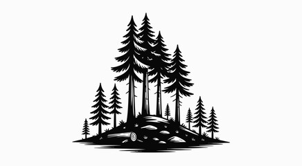 Monochrome illustration of a pine tree forest grove on a hilly patch of land. Vector graphic with a woodcut style for nature and outdoor themes