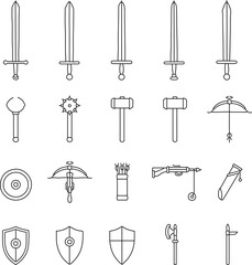 Obraz premium A collection of detailed, line-art illustrations of various medieval weapons. The image shows a variety of bladed and ranged weapons, including swords, maces, axes, and shields. 