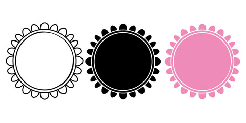 Round flower frame outline and silhouette pack. Hand drawn scalloped circle frame vector set with various variations