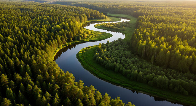 Aerial view of a winding river flowing through a dense green forest