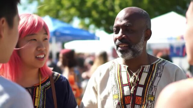 Three people are engaged in conversation, possibly at an outdoor event, with a woman with pink hair as the focal point; they appear to be interacting amiably, showcasing diversity and interaction.