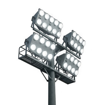 A tall pole with four floodlight fixtures, each containing multiple bright lights, isolated on transparent background