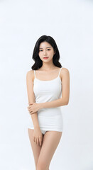 Naklejka premium Beautiful young Asian woman with a slim healthy body in white underwear, isolated on white background