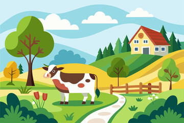 Retro-style vector illustration of a rural farm landscape featuring a barn, farmhouse, grazing cow, striped farmland, and rising sun. Designed in warm earthy tones, this rustic countryside artwork is 