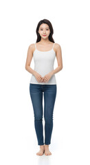Fototapeta premium Beautiful young Asian woman with a slim figure in a white top and jeans, smiling on a white background