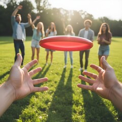 Person throwing a frisbee outdoors on a sunny day. Action shot captures dynamic motion, energy, and fun, with vibrant natural surroundings and an active, playful atmosphere.
