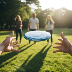 Person throwing a frisbee outdoors on a sunny day. Action shot captures dynamic motion, energy, and fun, with vibrant natural surroundings and an active, playful atmosphere.