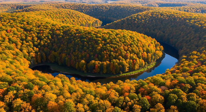 Aerial view of the san river meander in autumn near serock, poland