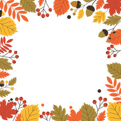 A decorative border featuring autumn leaves berries and acorns on a white background.