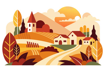 Retro-style vector illustration of a rural farm landscape featuring a barn, farmhouse, grazing cow, striped farmland, and rising sun. Designed in warm earthy tones, this rustic countryside artwork is 