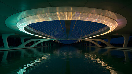 Modern architectural design with reflective pool and circular illuminated ceiling