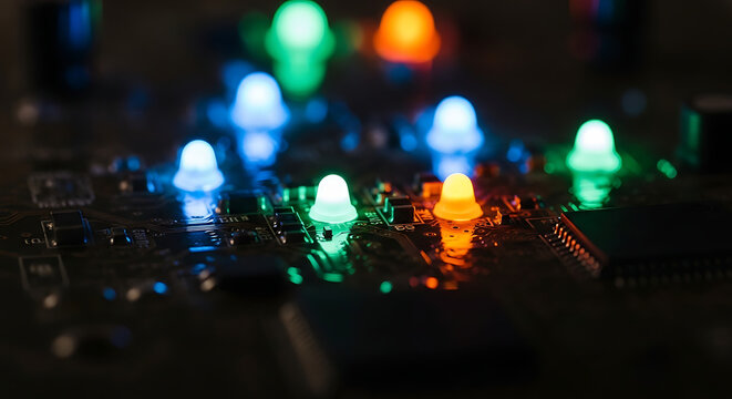 Closeup of a circuit board with colorful led lights glowing in the dark