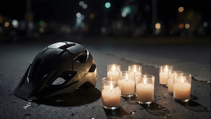 Night memorial scene with a row of lit candles on the ground near a broken bicycle helmet placed as tribute