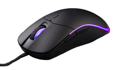 Black wired gaming mouse with vibrant purple accents