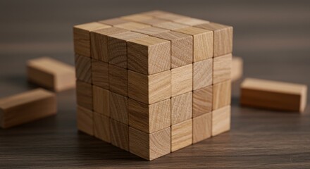 Wooden puzzle cube on wooden surface with scattered pieces  