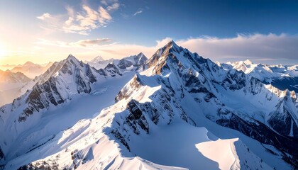 Fototapeta premium Stunning aerial view of snow-capped mountains bathed in golden sunlight