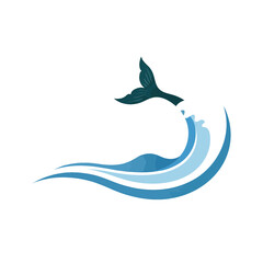 Naklejka premium A dark teal whale tail fluke splashing into stylized curving blue ocean waves.