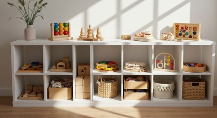 Naklejka premium Colorful wooden toys organized on white shelf in bright room 
