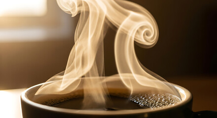 Aromatic steam rising from a cup of hot coffee in the morning light