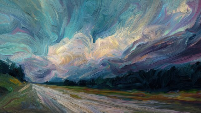 Dreamlike surreal painting of swirling sky over empty road, evoking emotion, movement, and inner journey concepts