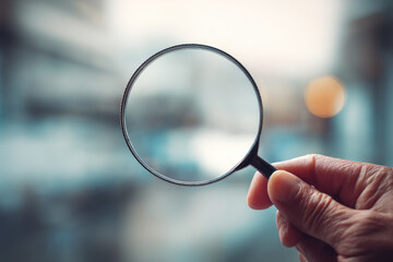 Hand holding magnifying glass with blurred city background focus on lens concept of search discovery investigation curiosity and exploration close up natural light