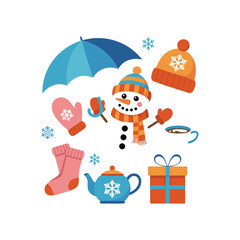Winter Holiday Icons with Snowman, Gifts, and Seasonal Elements Vector Illustration
