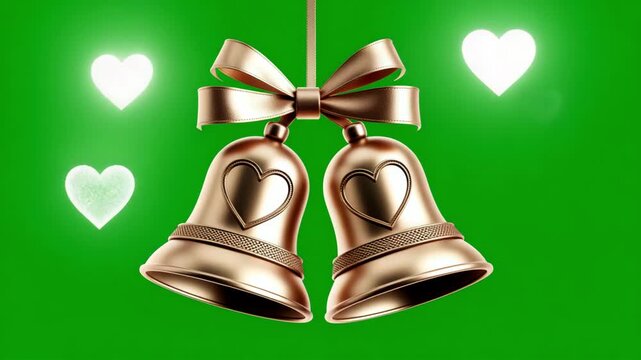 Elegant gold wedding bells adorned with heart cutouts and shimmering hearts suspended by a satin